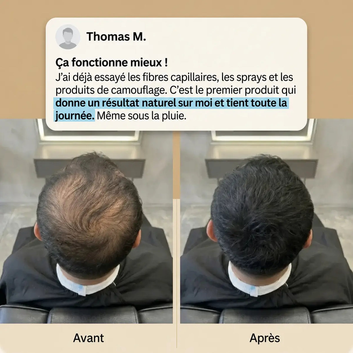 Avant/après poudre capillaire fiberhair à l'arrière du crâne, avis client Thomas M. « ça fonctionne mieux, même sous la pluie »