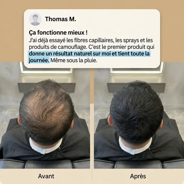 Avant/après poudre capillaire fiberhair à l'arrière du crâne, avis client Thomas M. « ça fonctionne mieux, même sous la pluie »