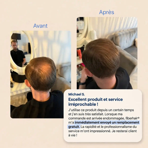 Avant/après application de fiberhair chez le coiffeur, avis client Michael S. « excellent produit et service irréprochable »