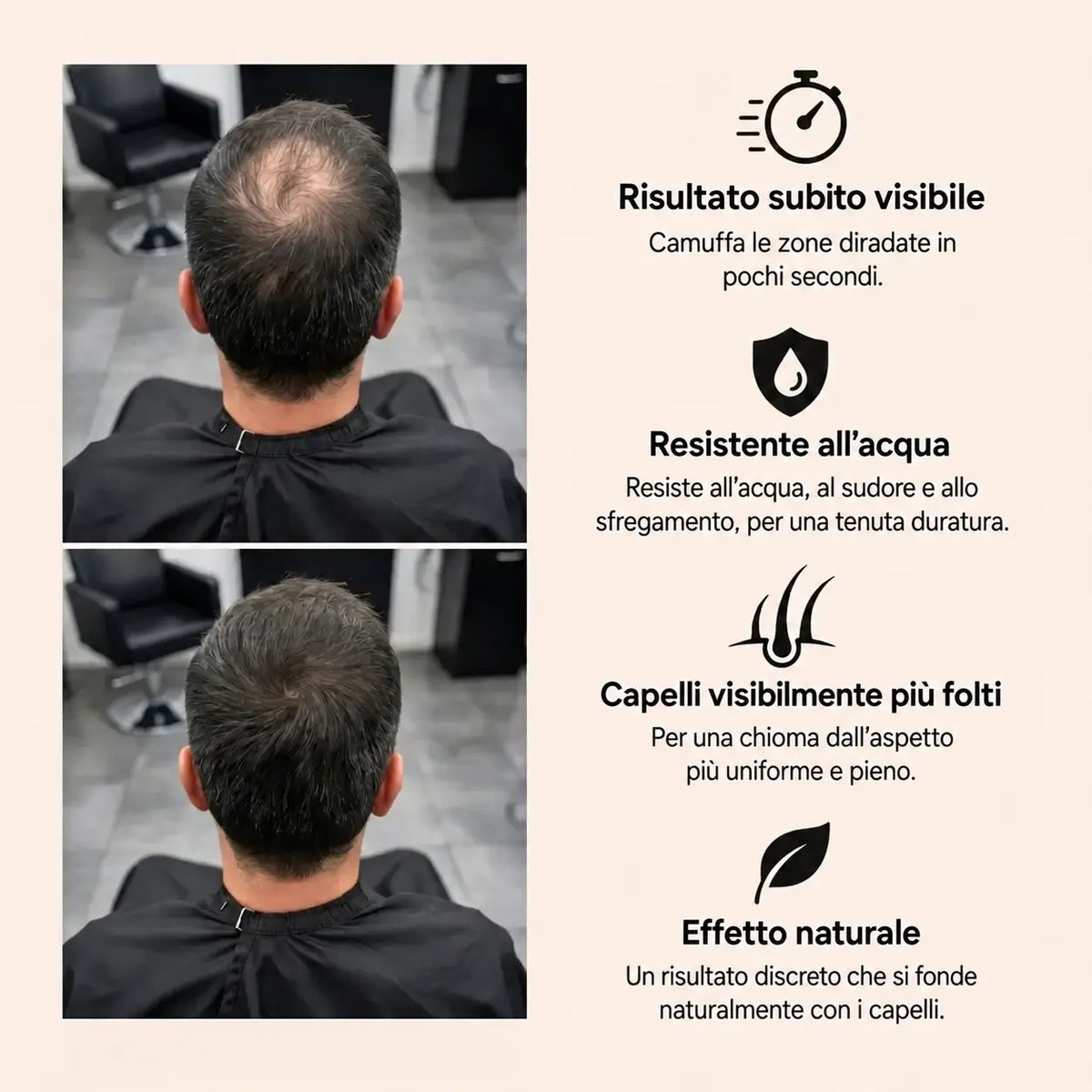 Risultato subito visibile, resistente all'acqua, capelli visibilmente più folti ed effetto naturale con fiberhair®