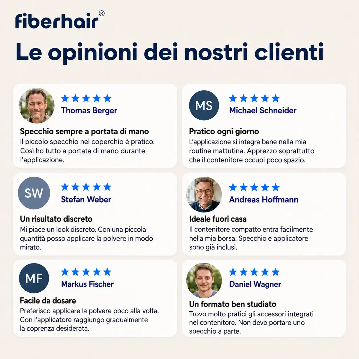 Recensioni a 5 stelle dei clienti fiberhair® su praticità, discrezione e formato compatto del prodotto