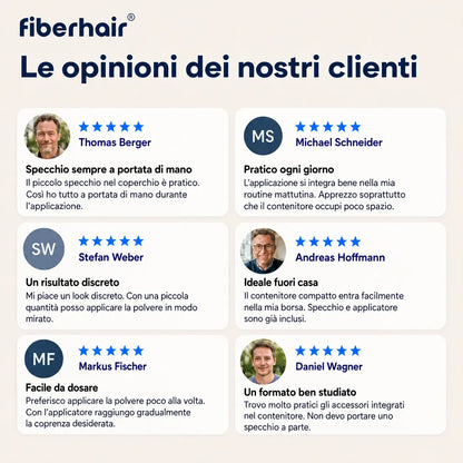 Recensioni a 5 stelle dei clienti fiberhair® su praticità, discrezione e formato compatto del prodotto
