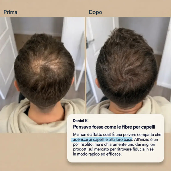 Recensione di Daniel K.: la polvere compatta fiberhair® aderisce ai capelli per un risultato rapido ed efficace