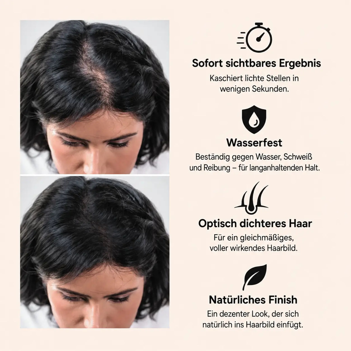 Avantages de la poudre camoufle-racines fiberhair : effet immédiat, résistante à l'eau, cheveux visuellement plus denses, fini naturel
