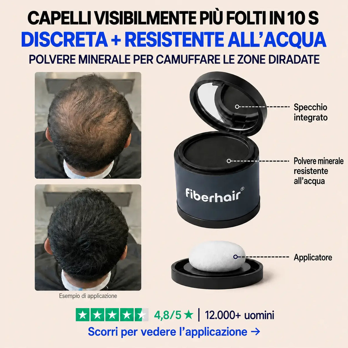Polvere minerale fiberhair® per camuffare le zone diradate, valutata 4,8/5 stelle da oltre 12.000 uomini
