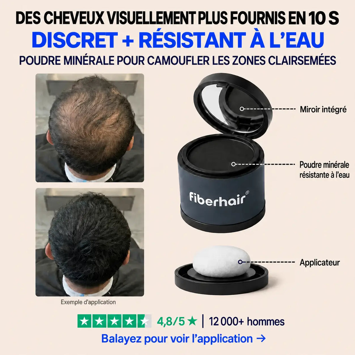 Poudre capillaire fiberhair pour homme : cheveux visiblement plus fournis en 10 secondes, résistante à l'eau