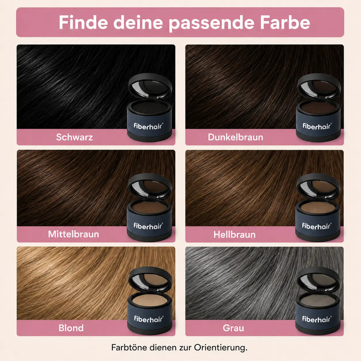 Les six teintes de la poudre camoufle-racines fiberhair : noir, brun foncé, brun moyen, brun clair, blond, gris