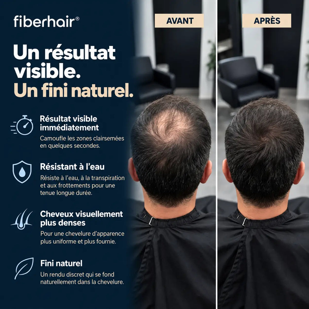 Bénéfices de la poudre capillaire fiberhair : résultat visible immédiat, résistante à l'eau, cheveux plus denses, fini naturel